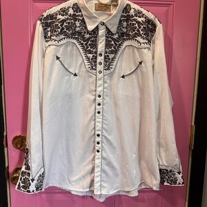 Scully Black and White Dress‎ Shirt with Ornate Print and Pearl Snap - XL